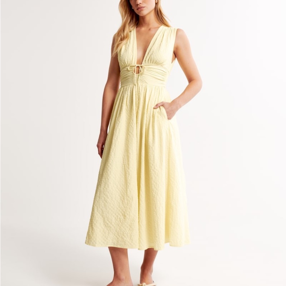 NEW Abercrombie Yellow Seersucker Ruched Midi Dress